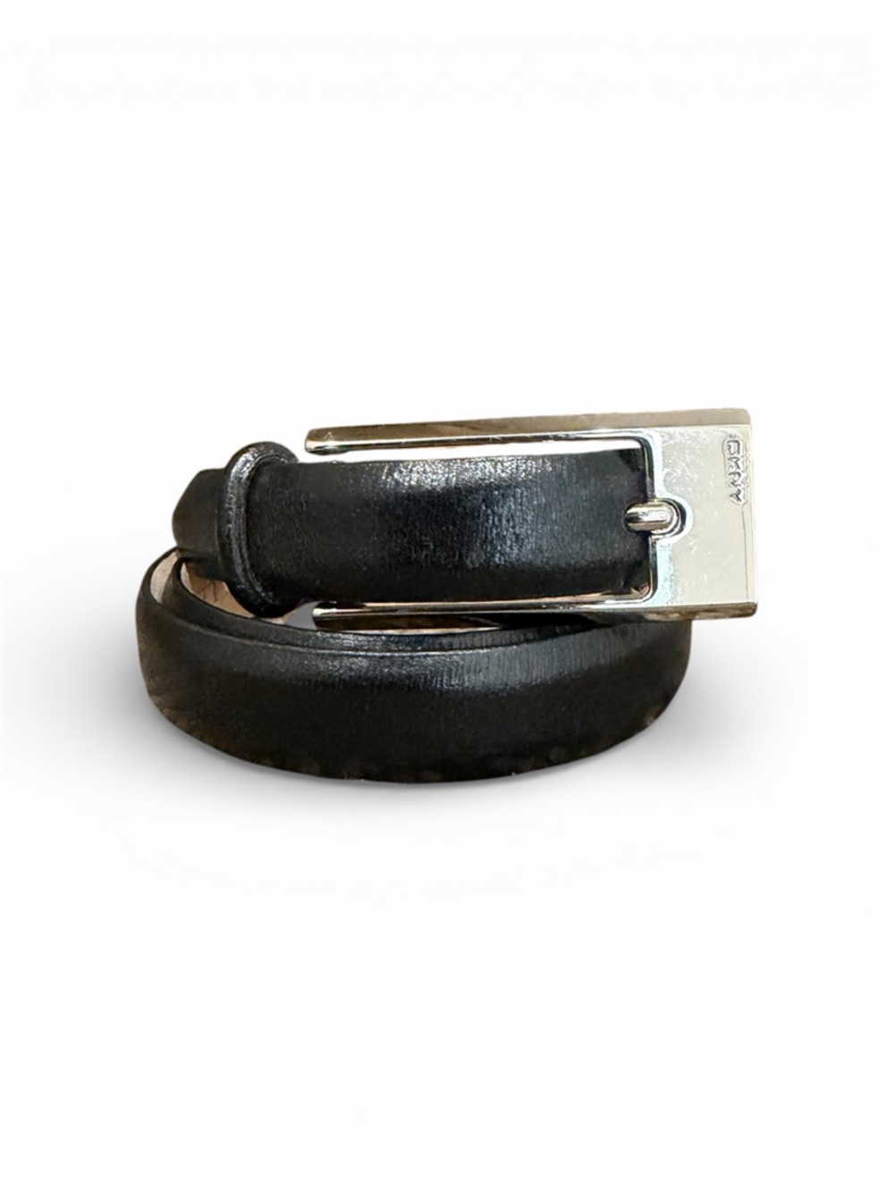 DKNY Black Leather Skinny Belt with Silver Tone Buckle
